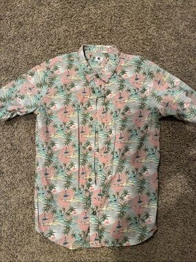 Globe Tropical Palm & Sailboat Short-Sleeve Shirt - Pink/Blue/Green